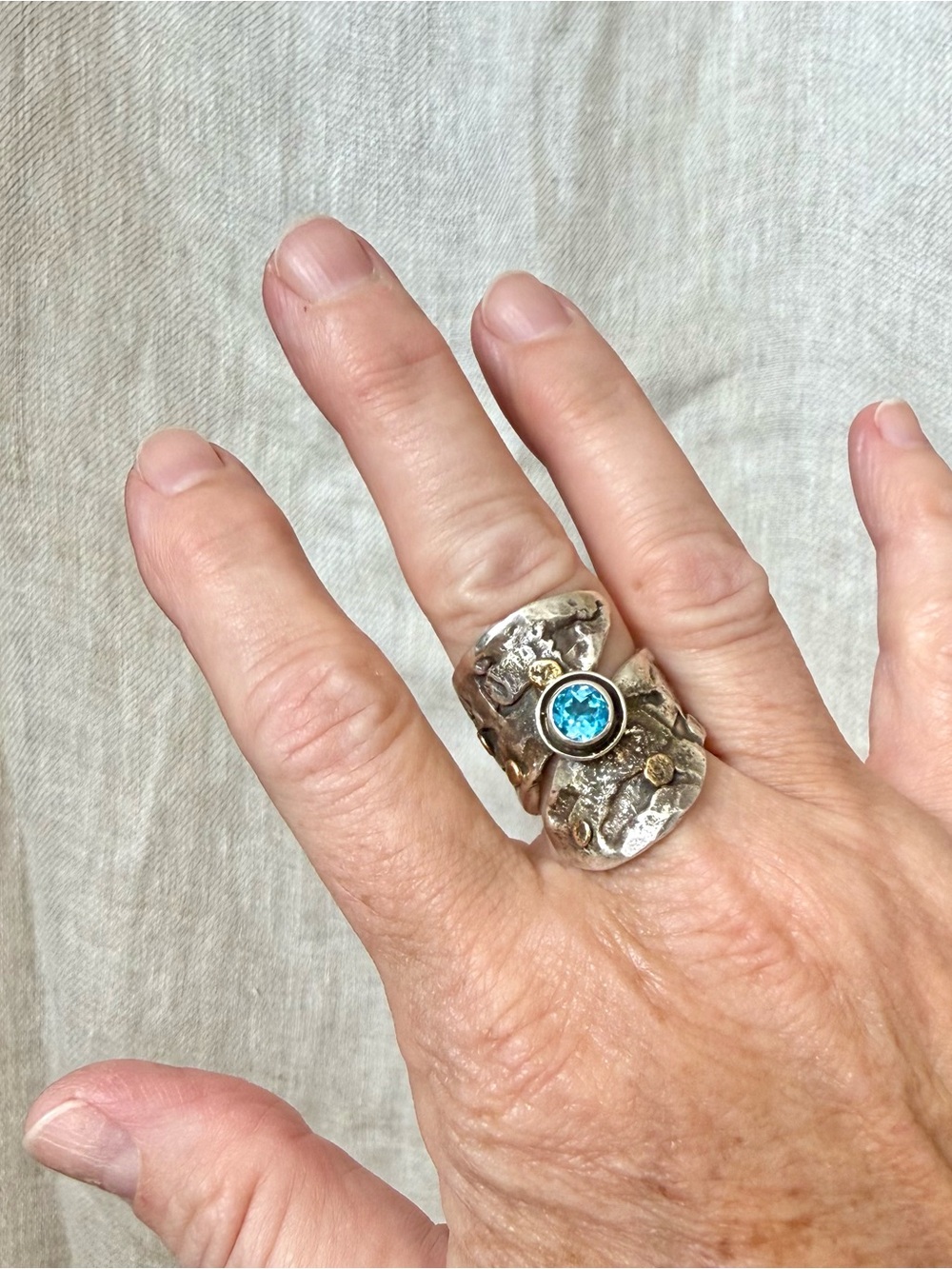 Silver Reticulated Texture Ring with Blue Topaz, Size 8
